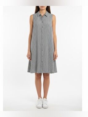 MSK Black and White Striped Sleeveless Button Midi Shirt Dress